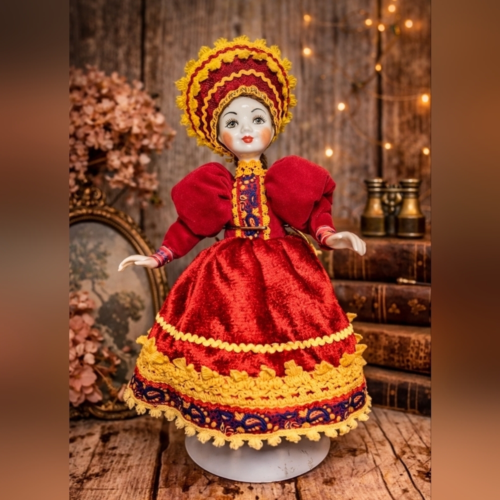 Vintage Russian Folk Art Doll | Red & Gold Traditional Costume Cottagecore Decor